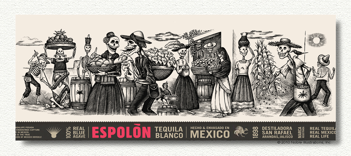 Espolon Tequila scratchboard woodcut Packaging