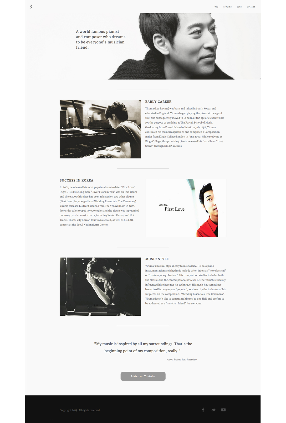  web mobile grid ux design simple bio biography Yiruma Website Design UI Pianist Piano Responsive Album