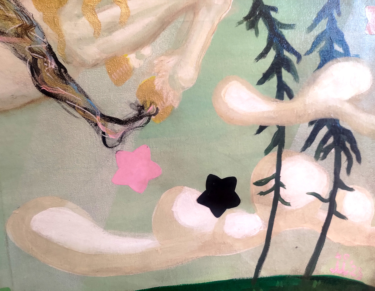 acrylic painting canvas collage fantasy femaleartist popsurrealism rainbow stars unicorn