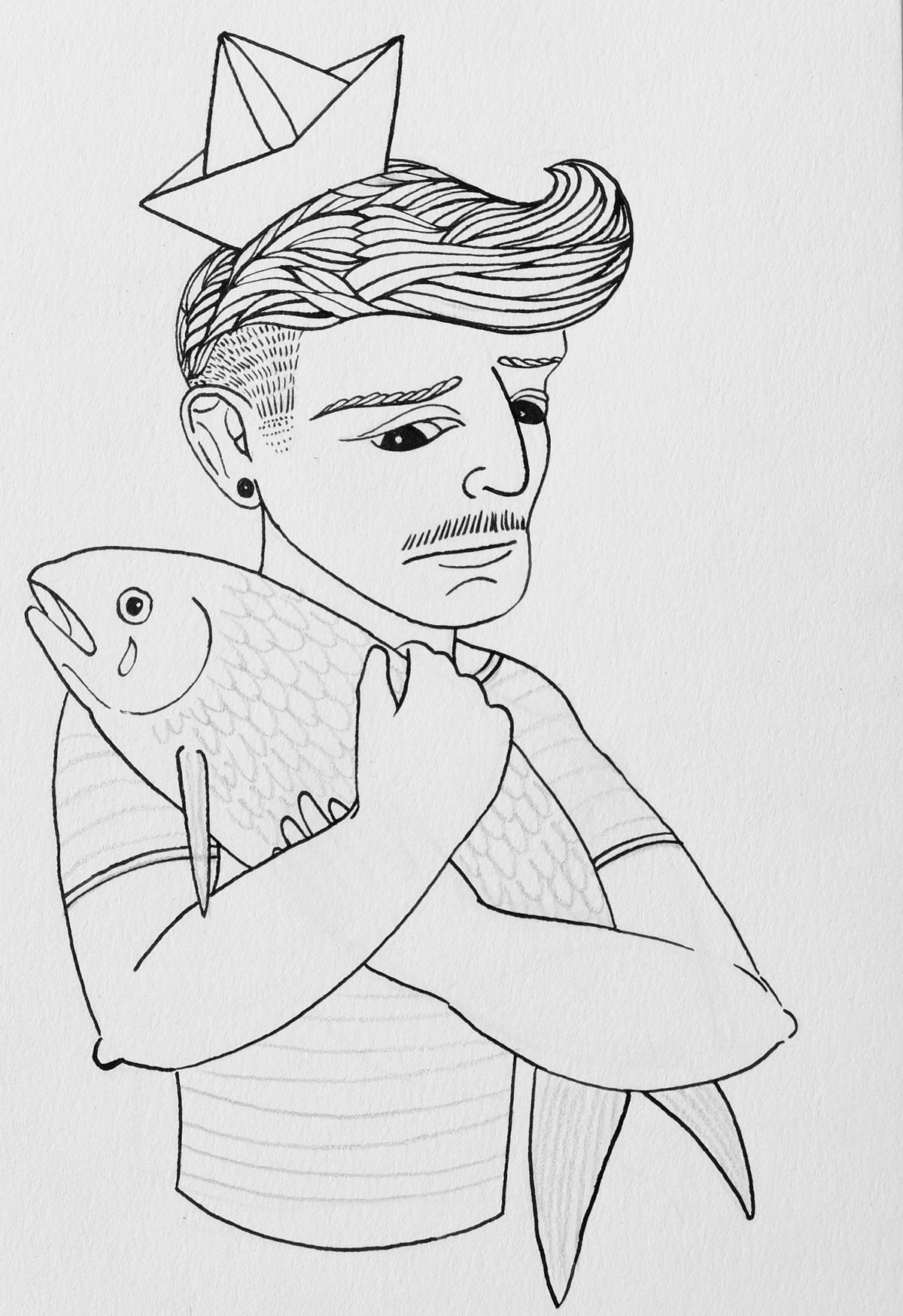 Black&white ink pen watercolour fish Sailor sad illustrated