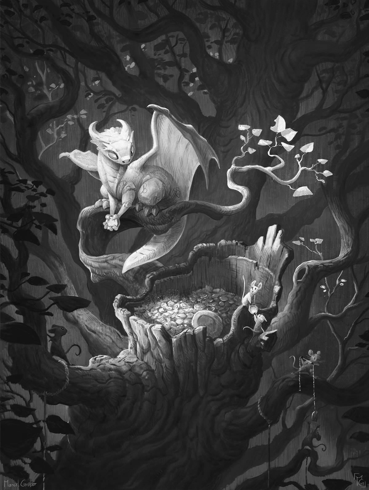 fantasy dragon Digital Art  black and white storytelling   Creature Design forest Digital Pencil mice kidlit