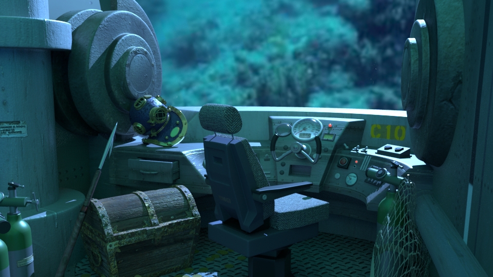 CGI Maya 3D underwater submarine treasure cockpit
