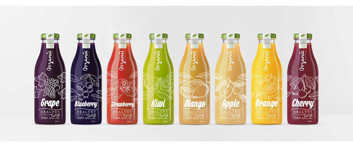 juice logo Logotype poster organic chile Mario castillo bottles brand ilustracion apple orange grape