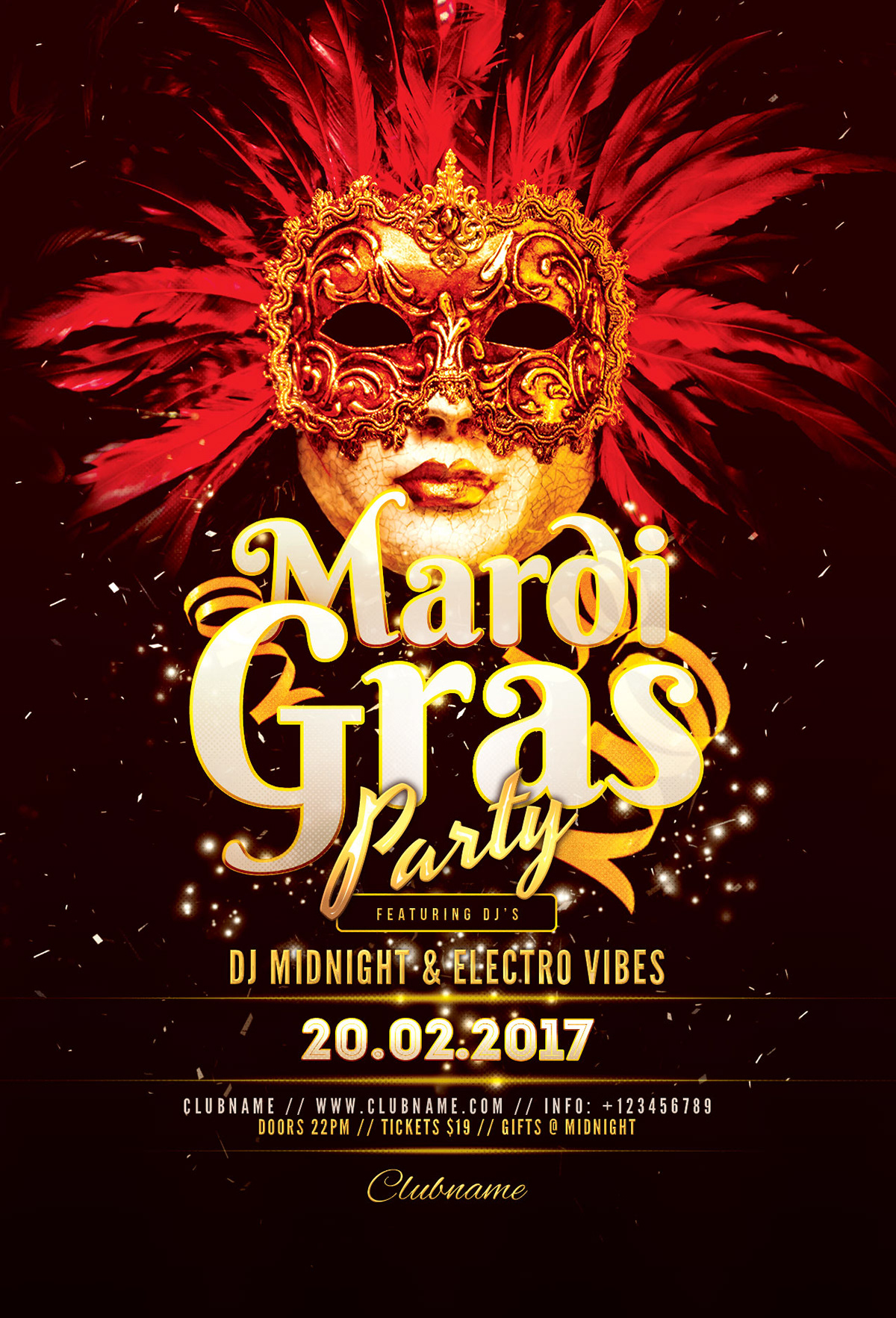 Carnival mardi gras flyer poster confetti Masquerade festive celebration colorful colors