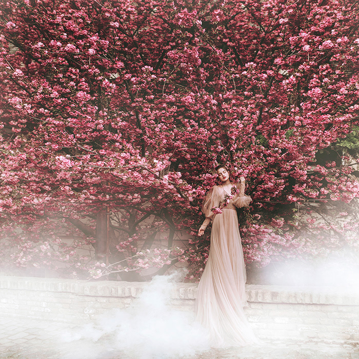 girl dreamy spring blossom flower Fashion  dress