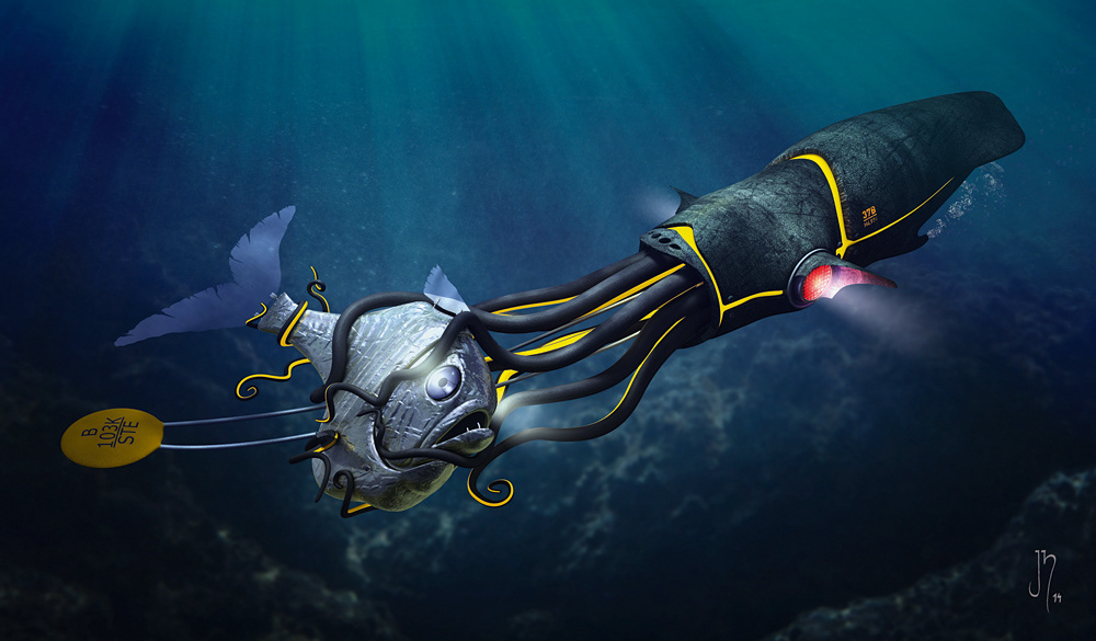 quid fish deep sea underwater creature octopus robot machine neon