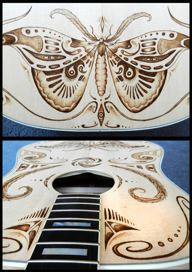 fender  woodburning pyrography moth Tribal Design