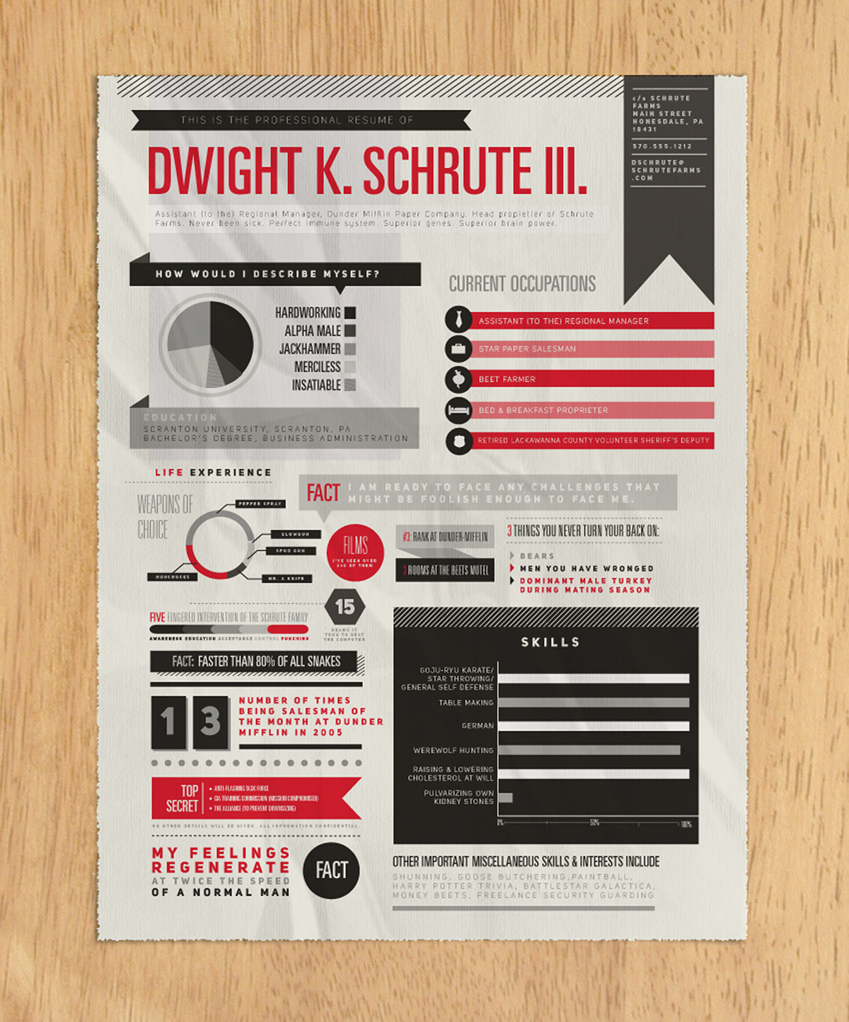 dwight schrute the office Resume infographics chart graph type sans serif fake anything Fun funny nbc rainn wilson 3 color font dwight k schrute dwight quotes dwight schrute quotes the office quotes office fan art pie chart pie graph red black