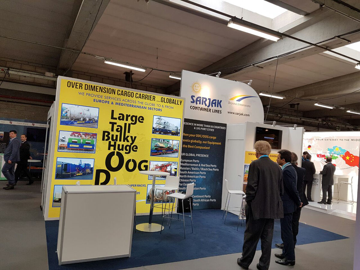 Sarjak Container Lines at breakbulk EUROPE. stall booth shipping Logistics design containers