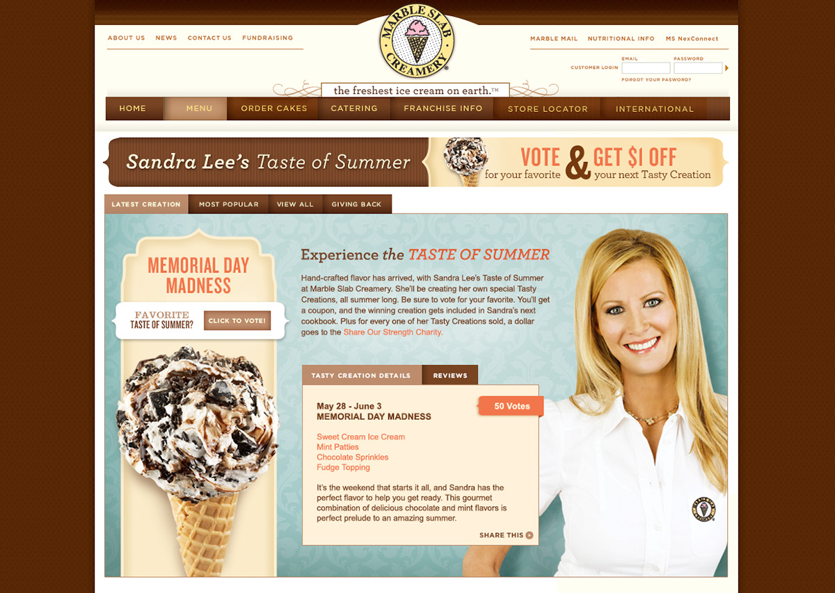 Marble Slab ice cream Sandra Lee contest summer vote