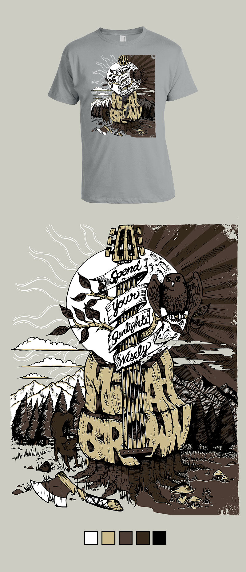 Micah Brown  owl  tree  Guitar  mushroom  squirrel moon  sun  woods  mountains  grass  lumberjack  tee design t-shirt brown