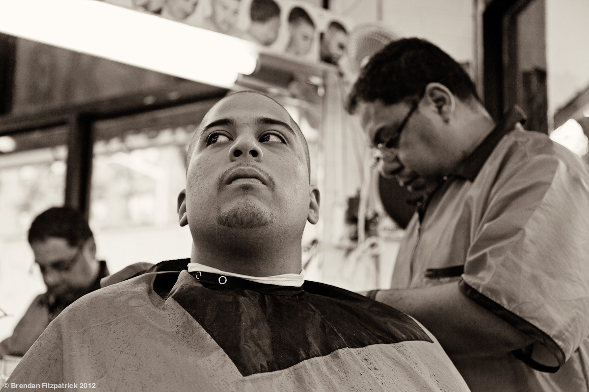 New York elmhurst barbershop Latin dominican grooming haircut Street black and white Natural Light