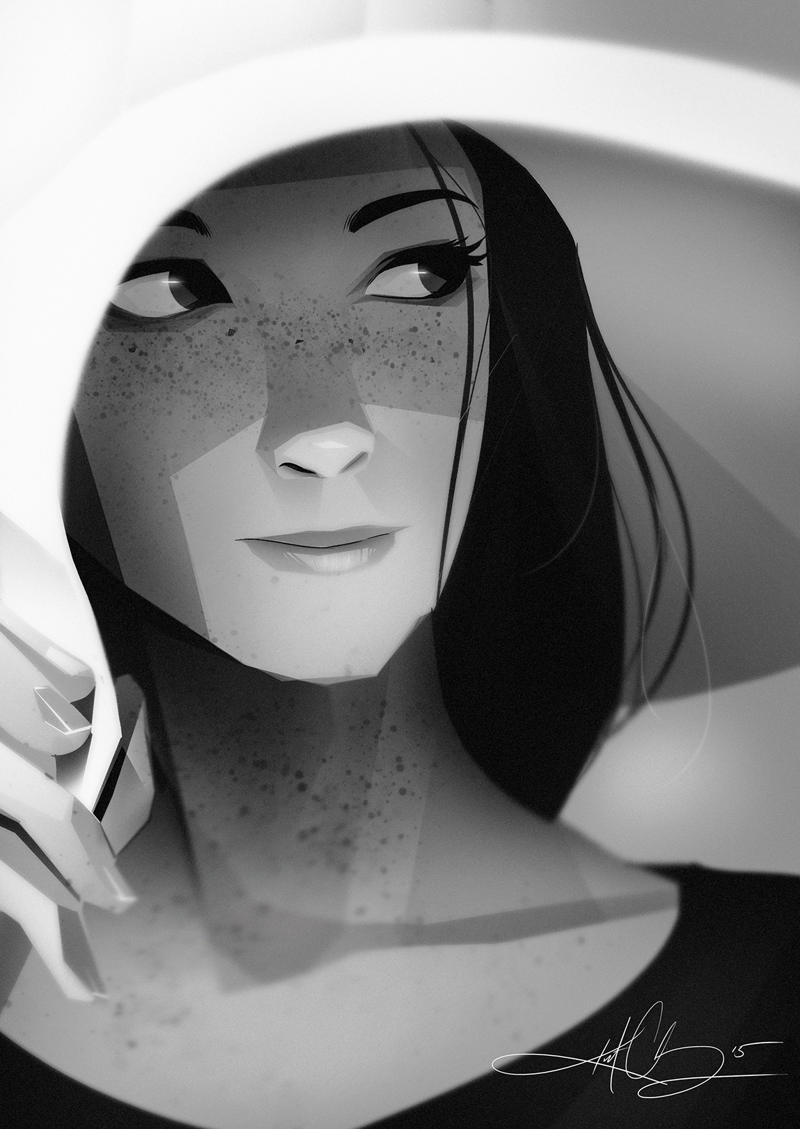 sunny hat hat girl portrait digital painitng beauty eyes lovely black & white smile art sketch