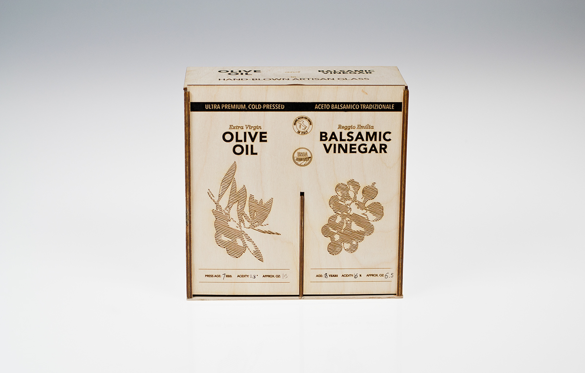 risd package design  wood glass Olive Oil vinegar condiments condiment set