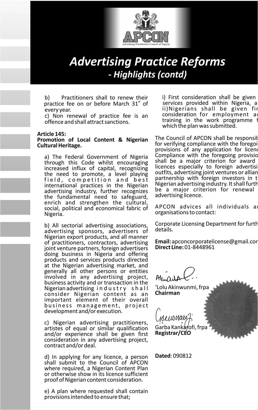 advertising practice reform apcon   apcon advertising practice registration practitioners nigeria APCON NIGERIA