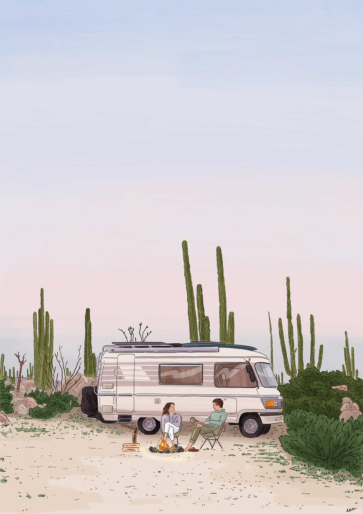 cactus camping desert firecamp poster RoadTrip sunset Travel Van vanlife
