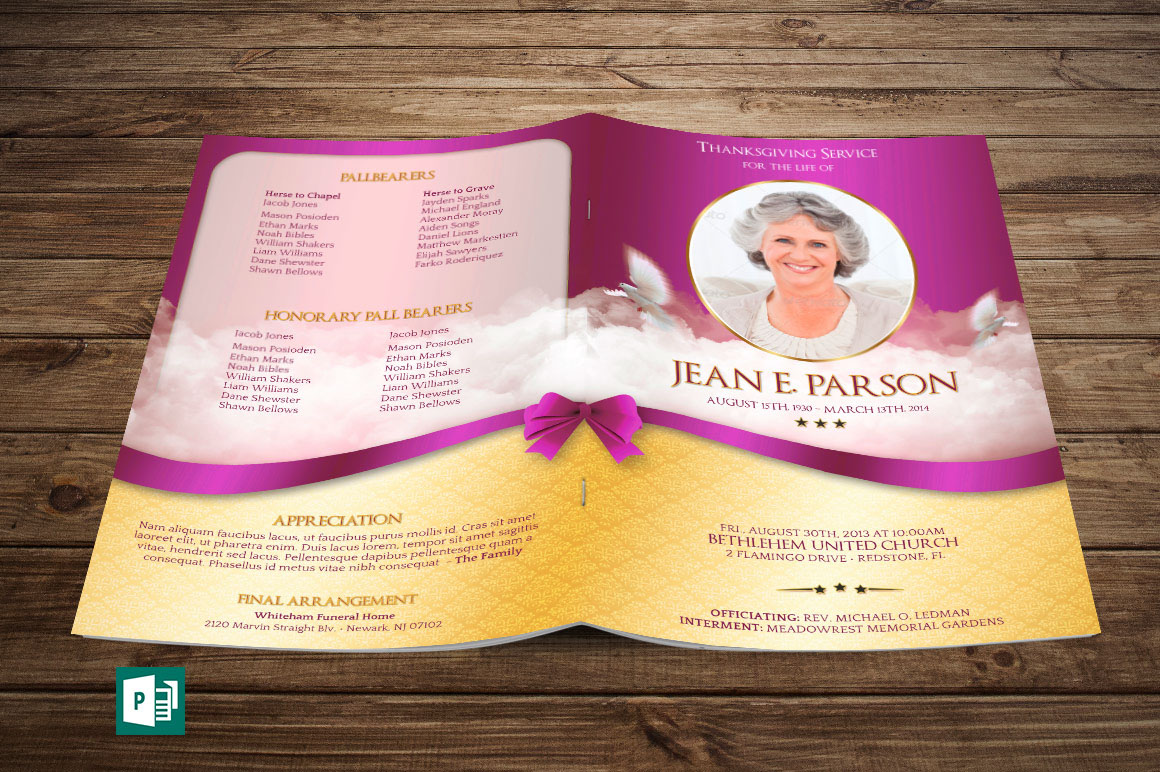 Pink Ribbon Funeral Program Publisher Template on Behance Intended For Memorial Brochure Template