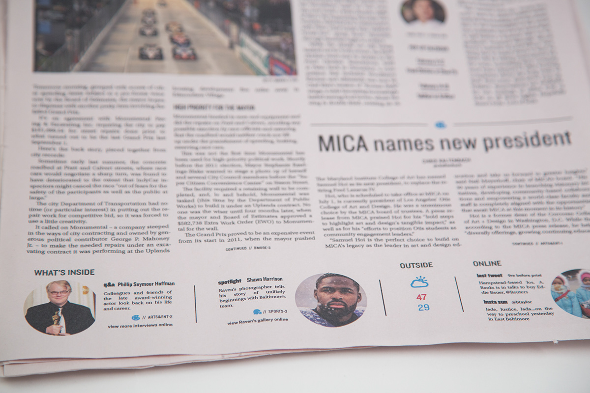newspaper redesign publication design MICA Baltimore Sun