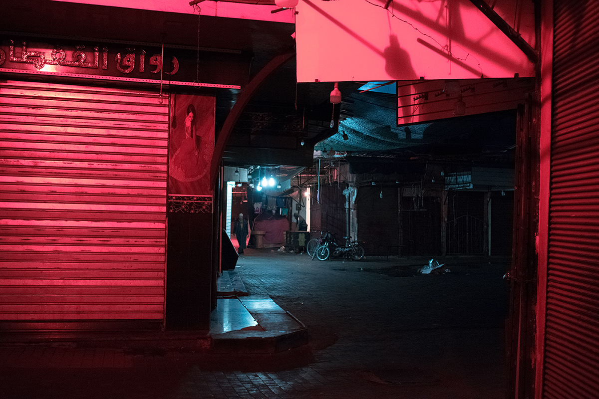 Morocco neon night photography atmosphere Dystopian street photography art photography cinematic Marrakech Arab