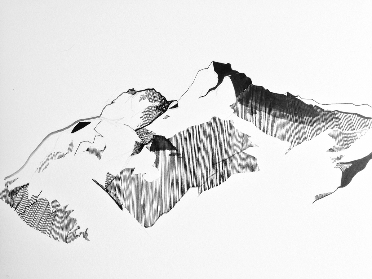 pen and ink mountain range fell Harrison Stickle lake district Drawn&made Heather Mills handmade black and white