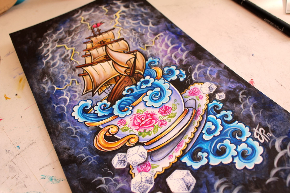 storm  teacup tattoo waves  tall ship boat Sail boat sailing nautical clouds lightning