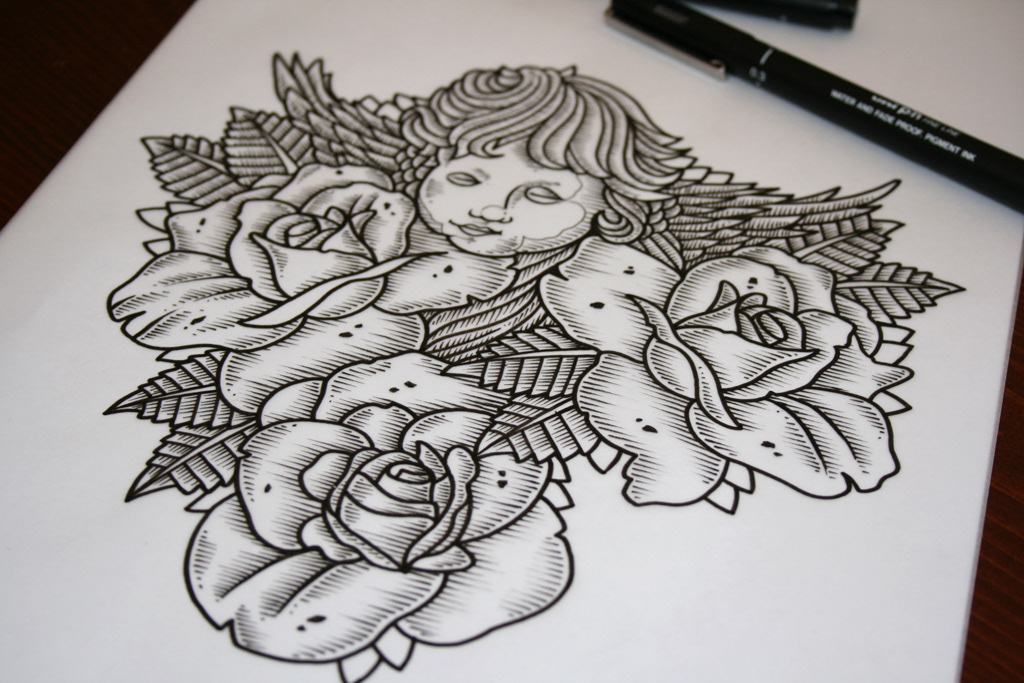 cherub Roses rose tattoo ink