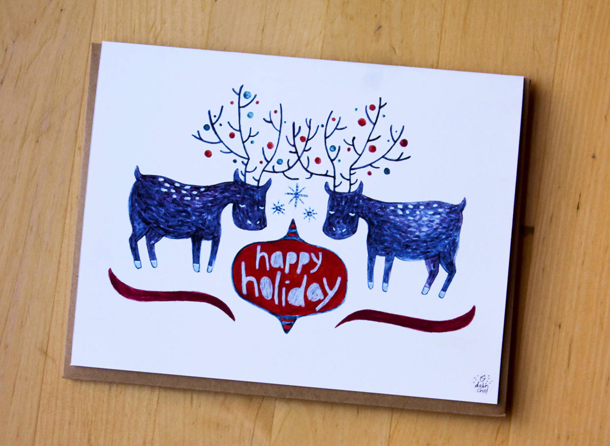 design Stationery greeting cards new year's Holiday Christmas animals sheep reindeer santa elves etsy