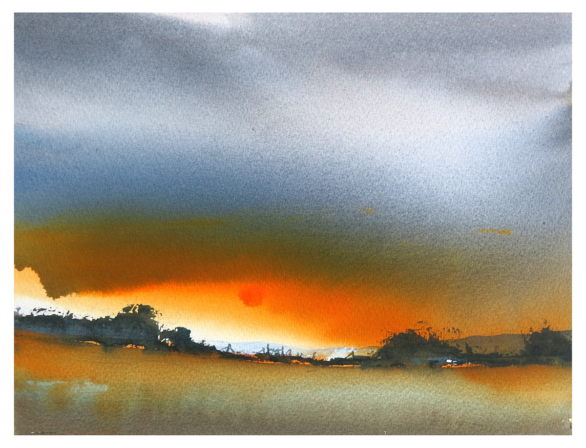 Evening watercolor light orange hill skyblue clouds trees atmosphere green