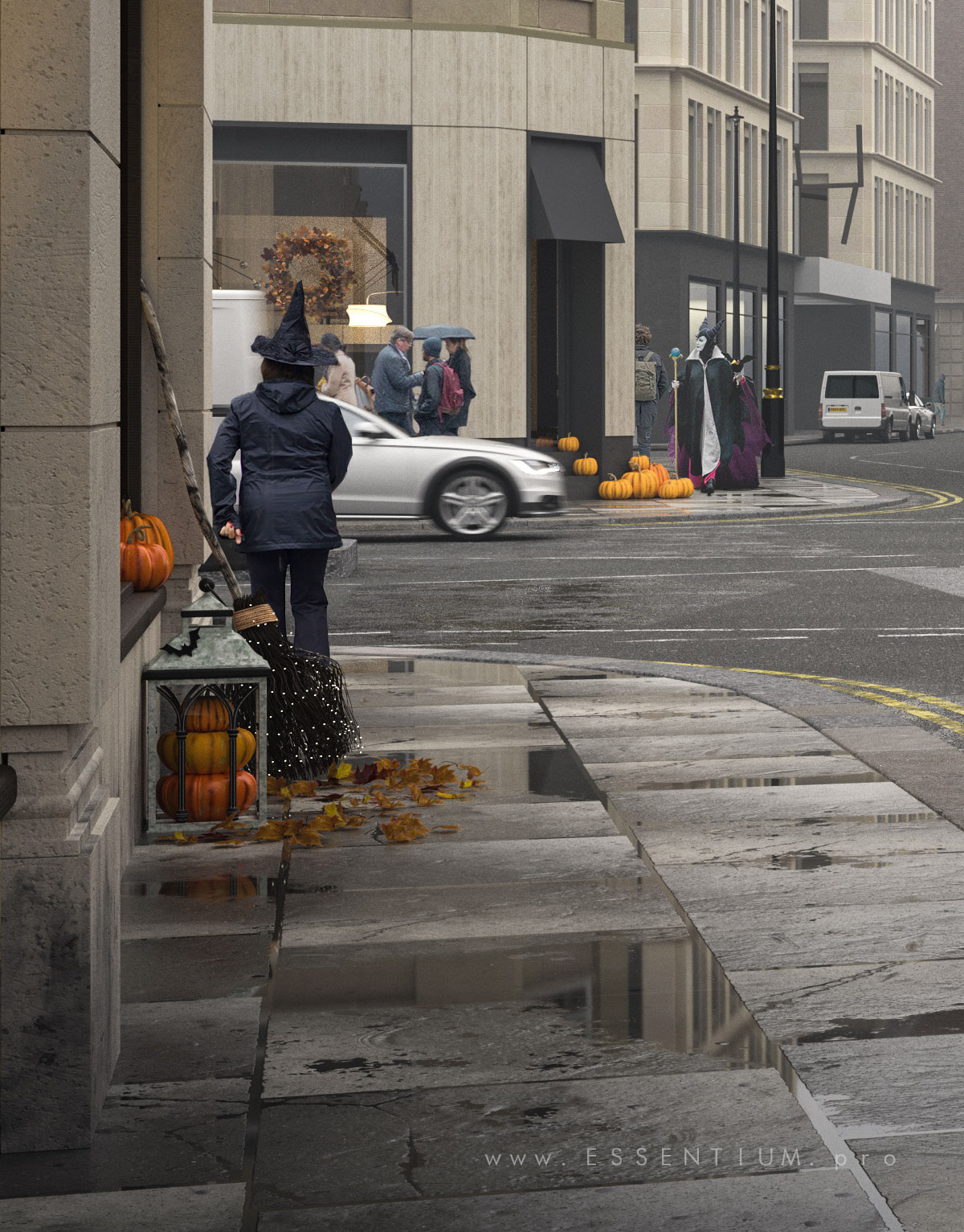 London Office archviz Halloween asphalt 3D Render Street pumpkin