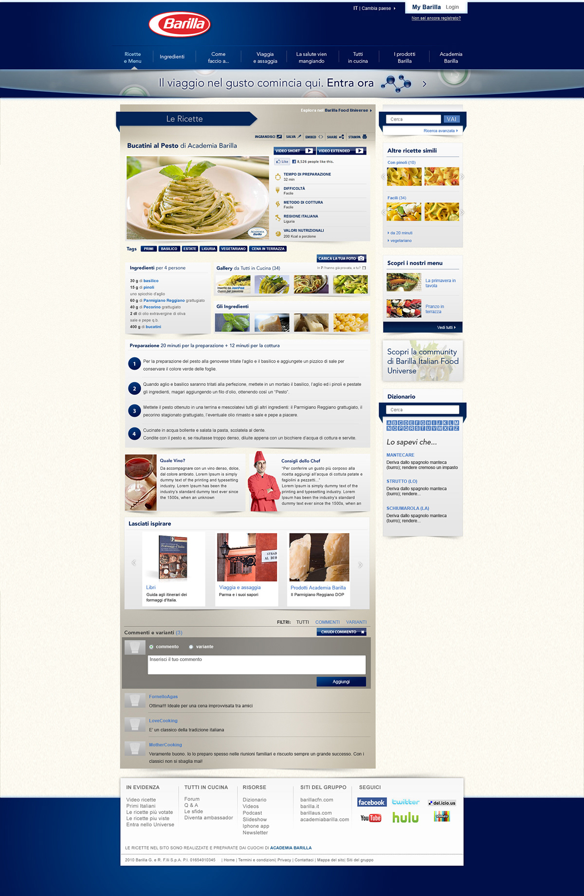 barilla web interface Interface Website blu recipe ingredients Food  Italy community portal