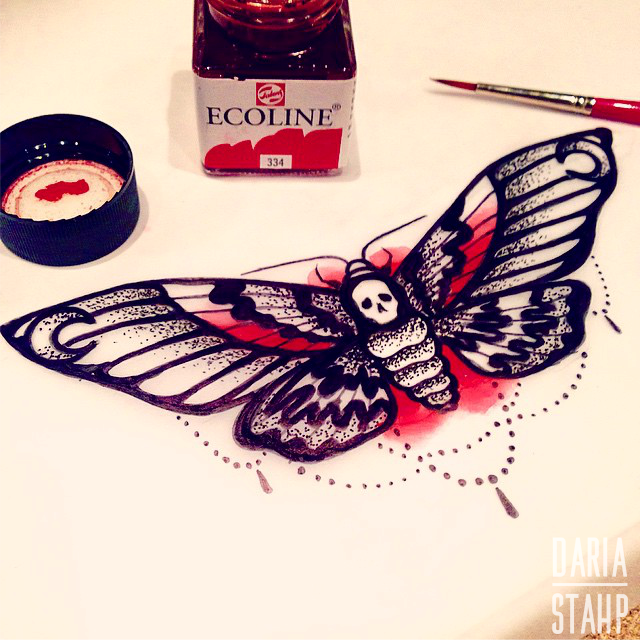 tatto tattoo desig moth skull moon wings ink pencil watercolor red and black tattoo project