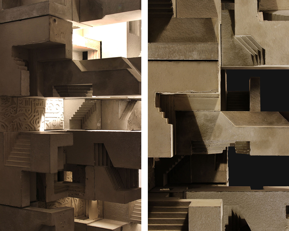 concrete modular artwork city model Blocs contemporary installation cubes metropolis Souk walls labyrinth