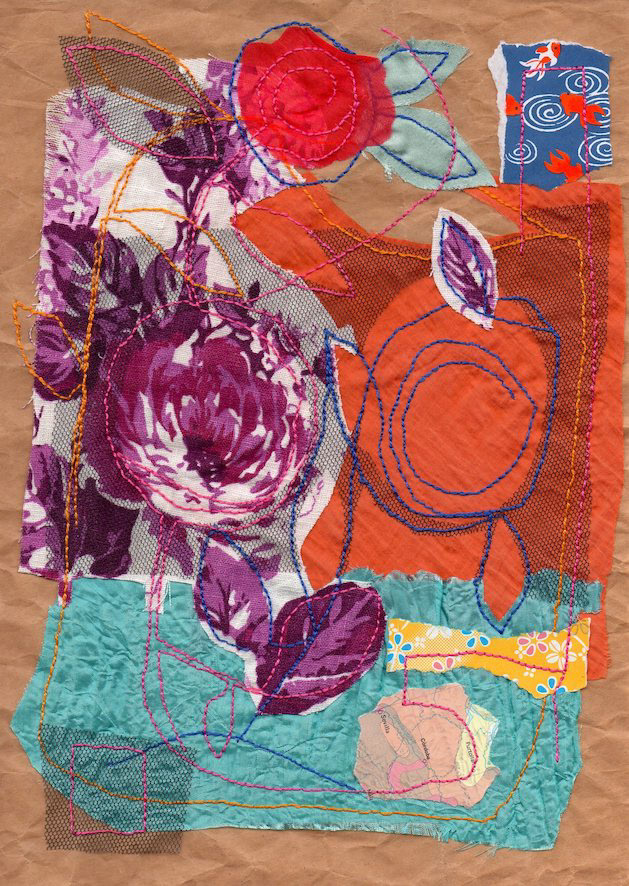 color collage fabric paper Flowers composition thread stitching alex mitchell twinki-winki