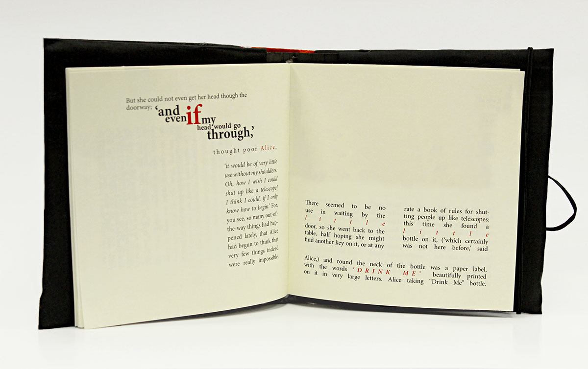 alice in wonderland book story chapter one type expressive lewis carroll minimal color minion pro Behance Hand Bound saddle stitch black and red UMass Lowell