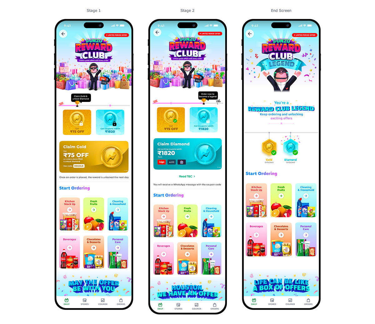 uiux dunzo Mascot gamification Mobile app ui design user interface app design rewardclub