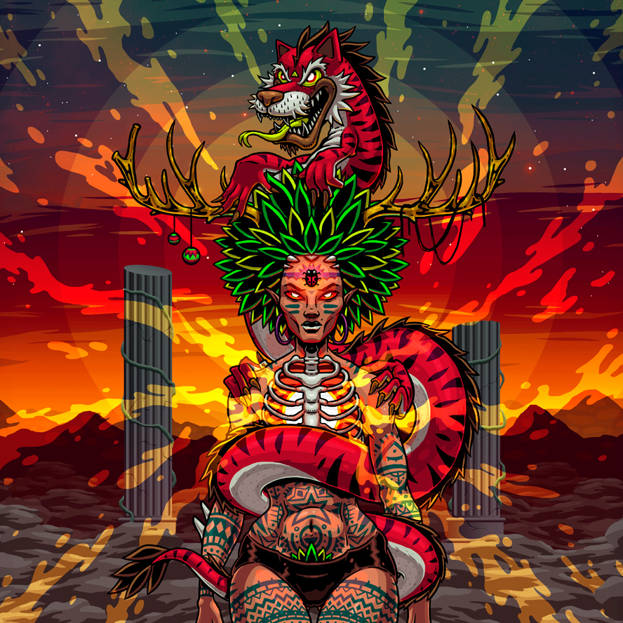 jungle girl dragon tiger asian Plant surrealism bug energy tattoo