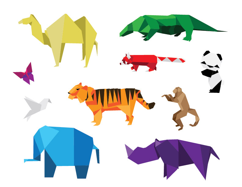Signage zoo rainbow origami  Panda  tiger elephants lizards Rhino monkey flat vector