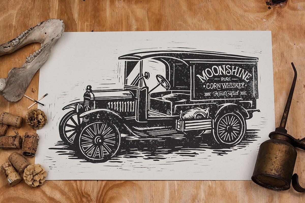 americana Moonshine vintage block print linocut Linoprint Bootlegger Truck
