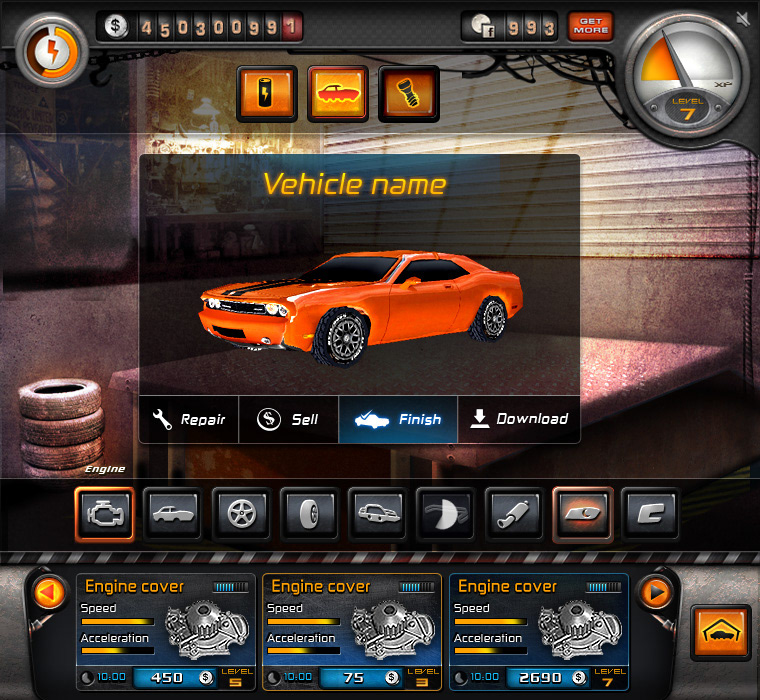 Cars game social garage UI ux buttons 3D race store parts mechanics HD Flash