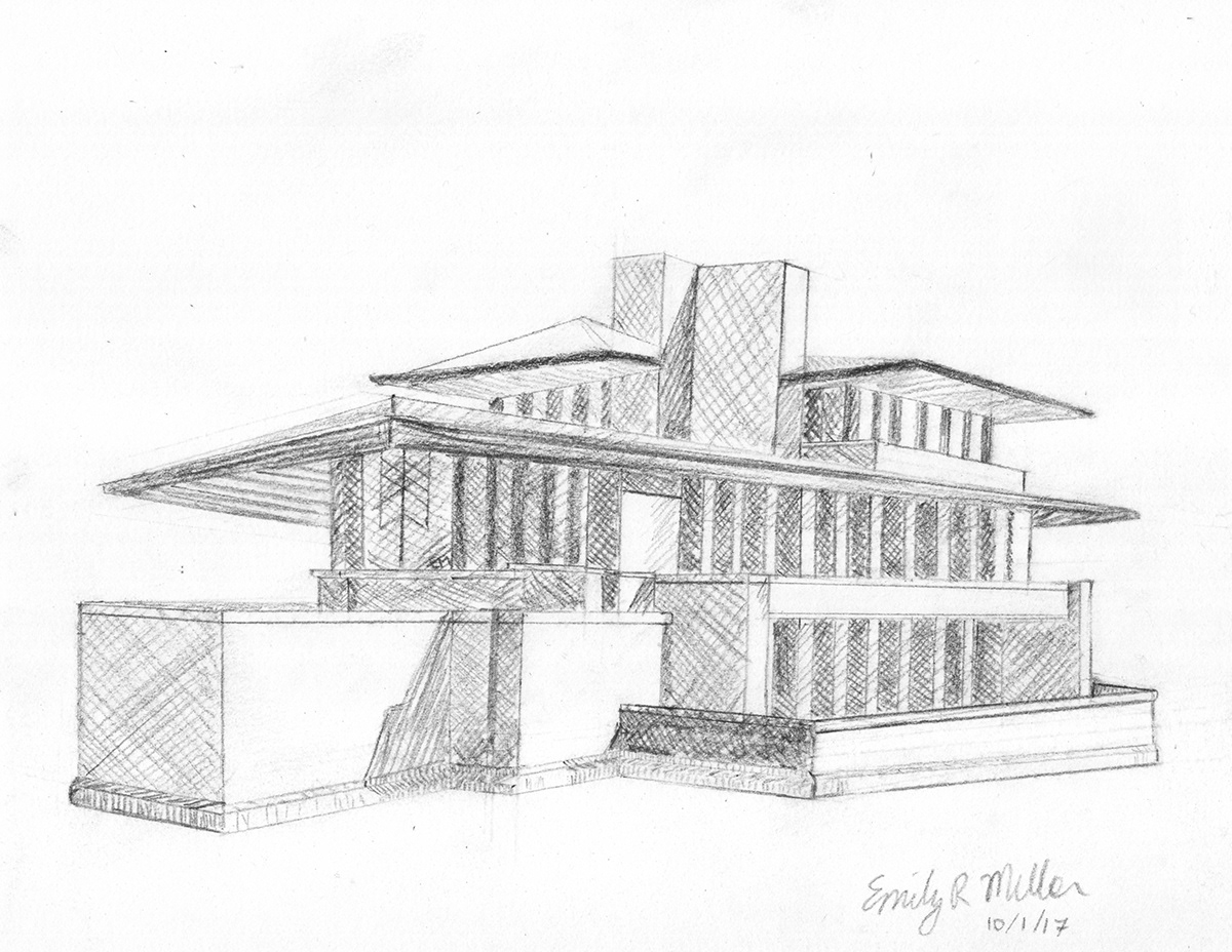 architecture Drawing  Frank Lloyd Wright graphite line art line drawing