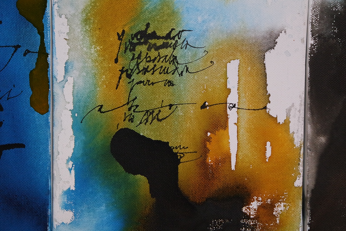 20*20 canvas ink blu ink yellow pen handwriting colapen automatic pen experimental calligraphy