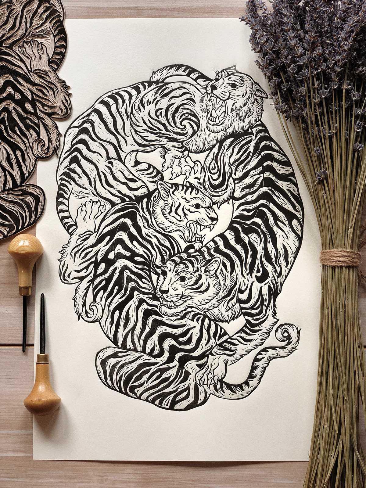 lino linocut tiger tigers гравюра тату эскиз