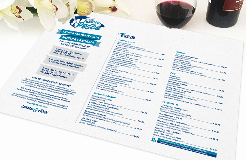 logo restaurant fish blue funny milan lighted sign flyer menu
