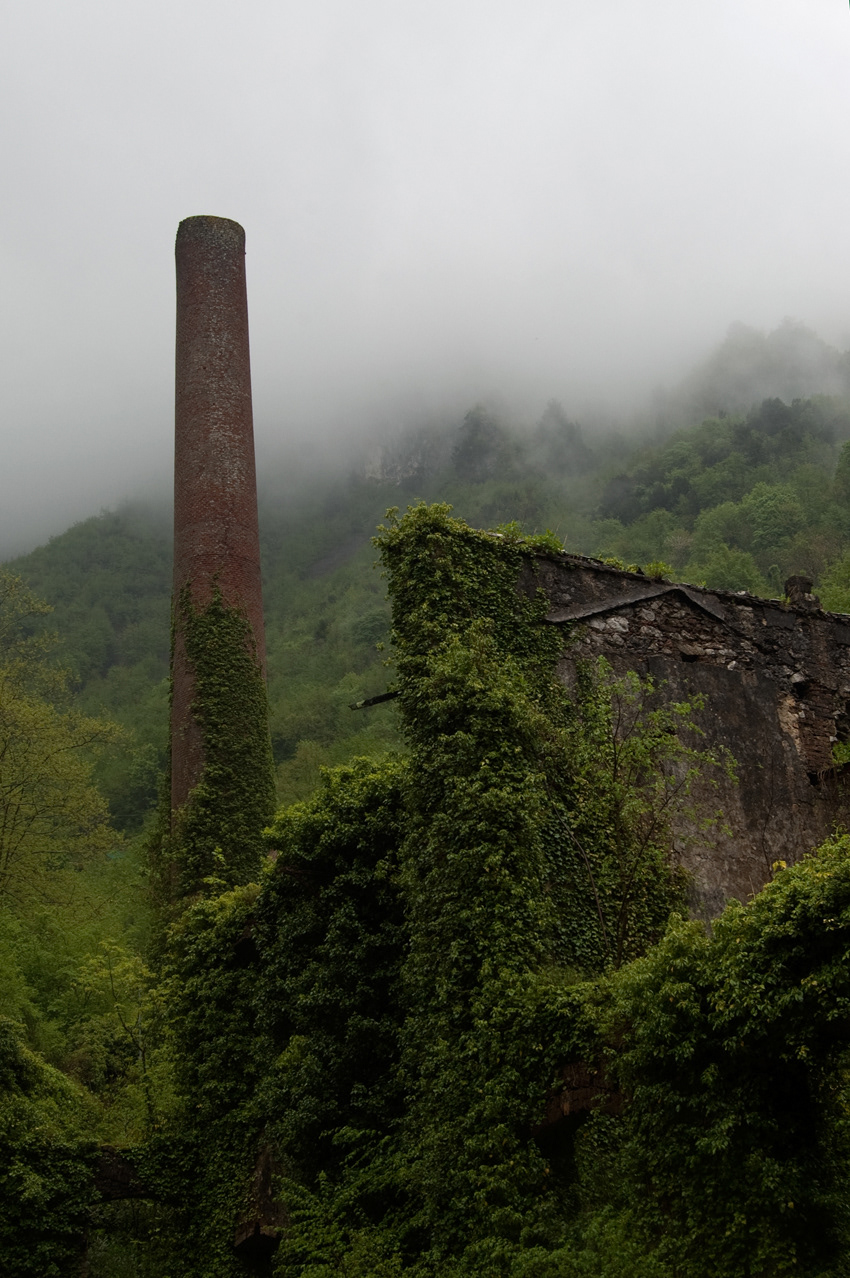 derelict Abandonment loneliness neglect hush silence green plants ivy river woods Italy Massa carrara  mountain fog