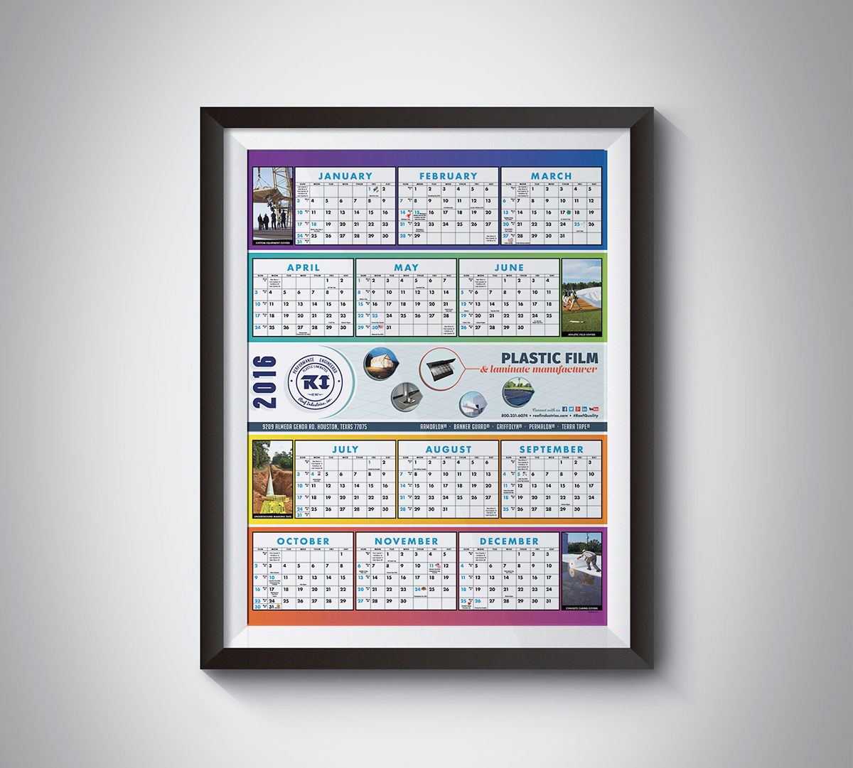 2016 Calendar reef industries month year plastic film wall calendar