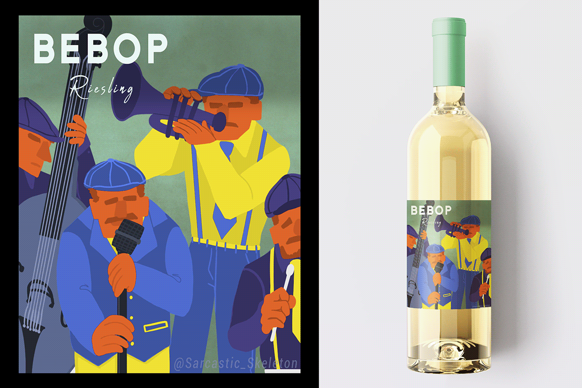 bebop Reisling wine label concept design Digital Art  graphic design  ILLUSTRATION  product label product label design Wine label Design