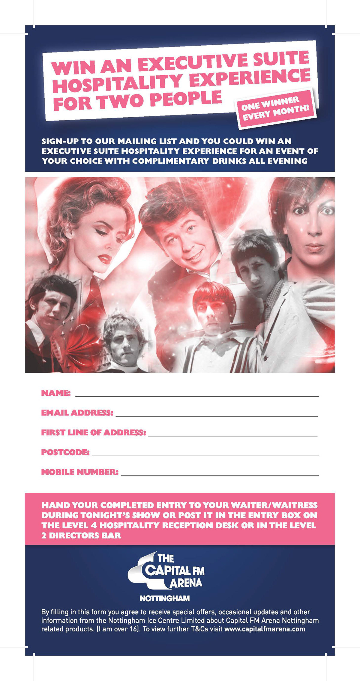 Hospitality Data Form flyer leaflet celebrities Events information capital fm arena l.a.golding