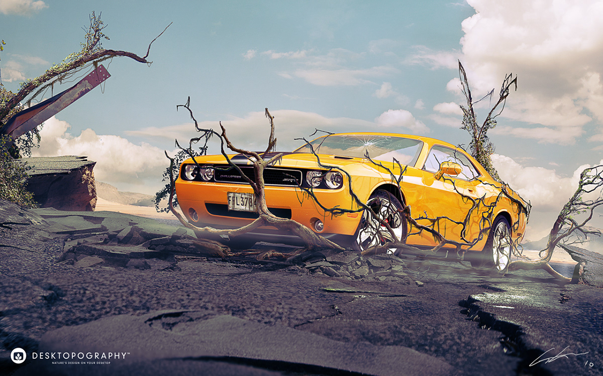Cars desktopography yellow branches photomanipulation Nature green