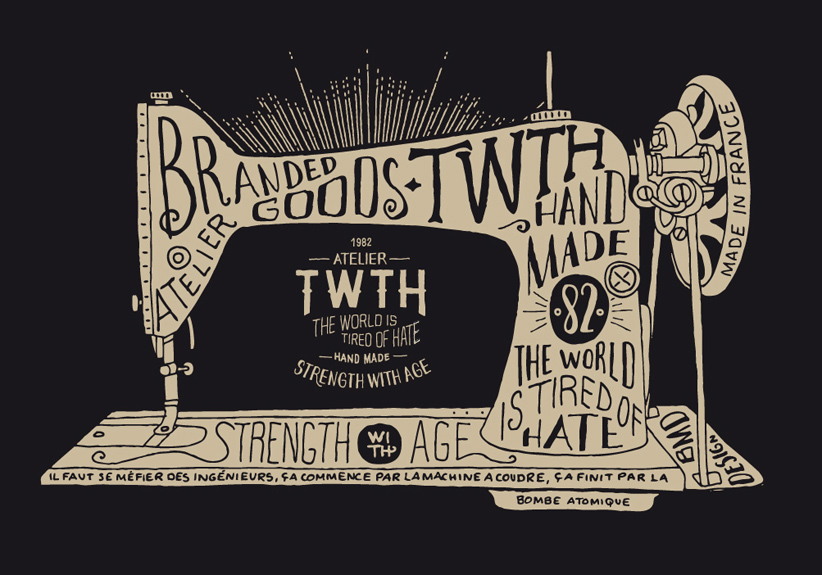 bmd design twth HAND LETTERING watercolor sewing machine the world crafted hate tee tattoo