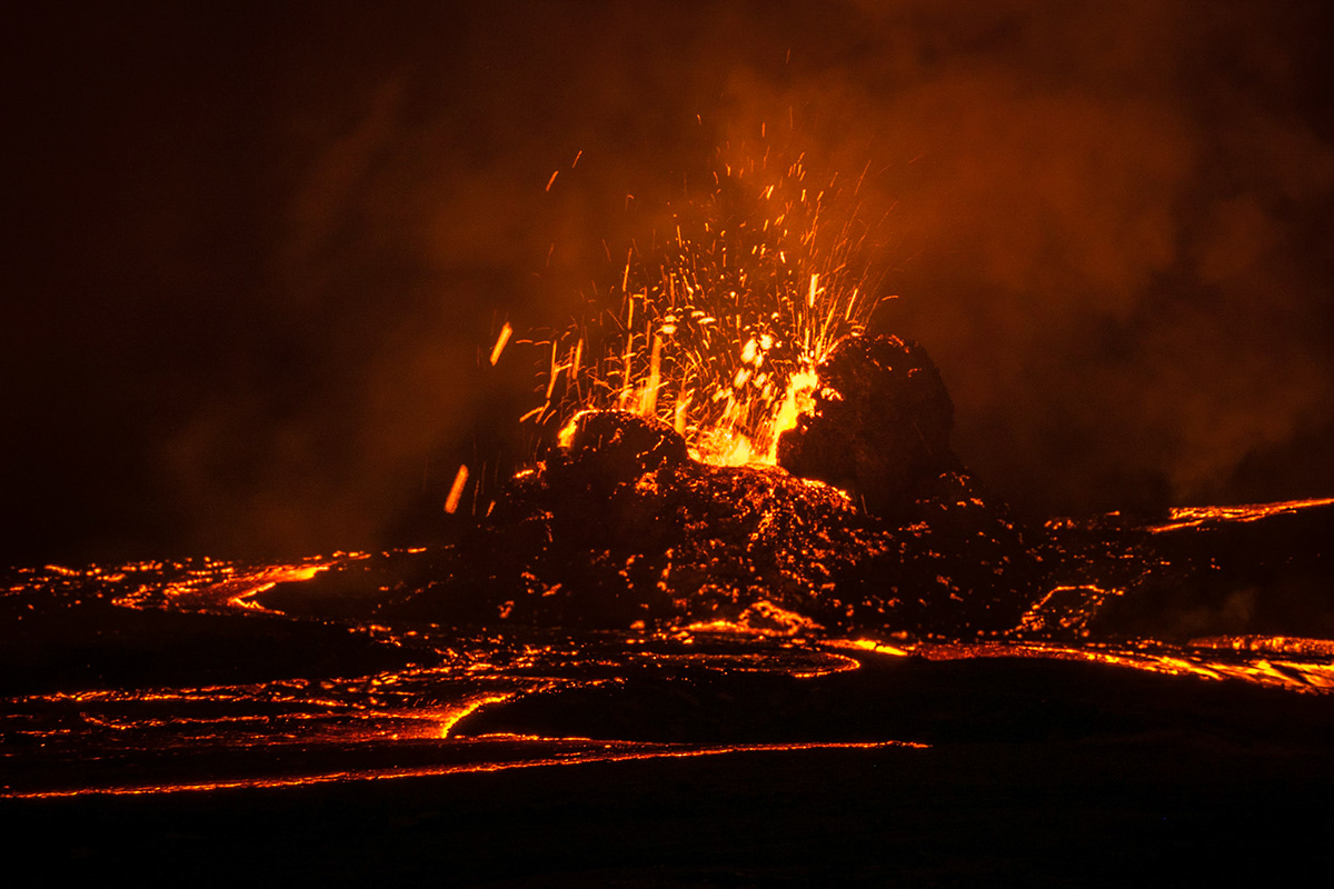 Eruption at night at Fagradalsfjall volcano, Iceland
